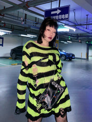Green And Black Ragged Loose Sweater