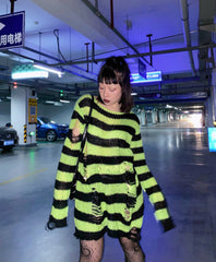 Green And Black Ragged Loose Sweater