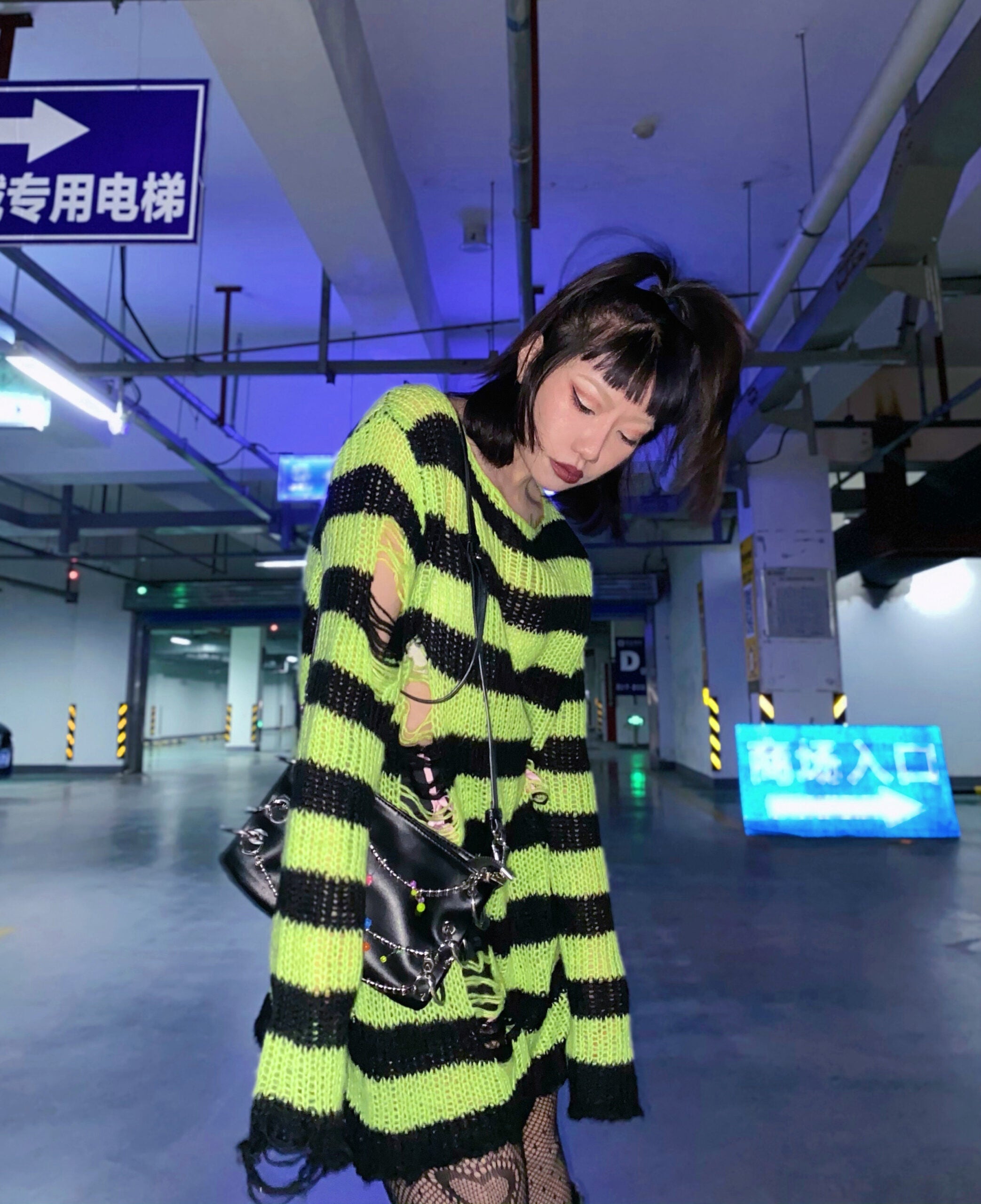 Green And Black Ragged Loose Sweater