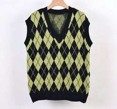 Green Argyle Pattern V-Neck Vest