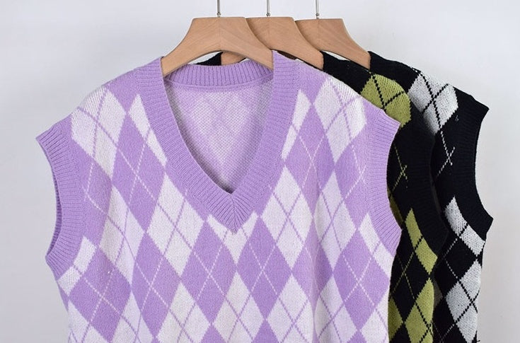 Green Argyle Pattern V-Neck Vest
