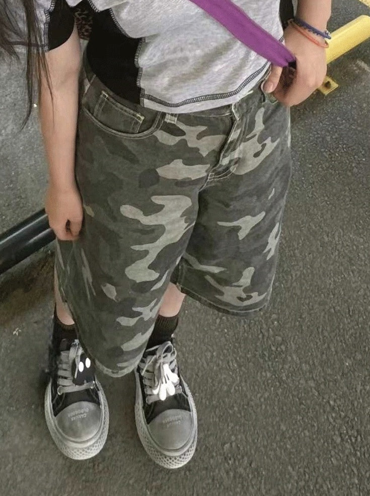Green Camouflage Denim Short