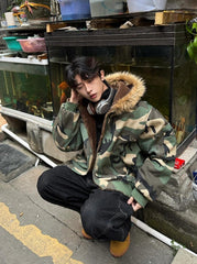 Green Camouflage Fur-Trim Hooded Jacket