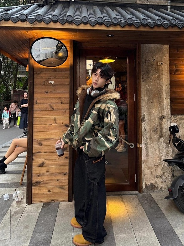 Green Camouflage Fur-Trim Hooded Jacket