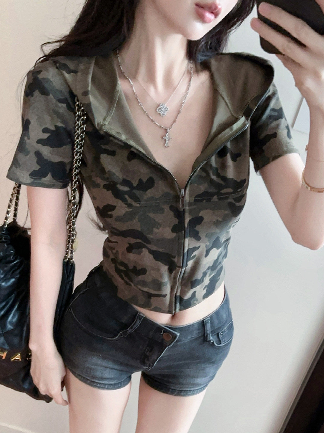 Green Camouflage Short Sleeve Zip Hoodie