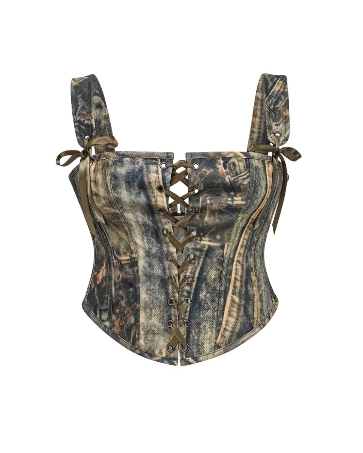 Green Denim Style Lace-Up Corset Top