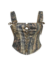 Green Denim Style Lace-Up Corset Top