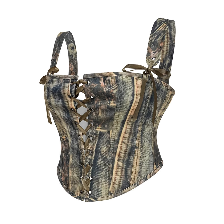 Green Denim Style Lace-Up Corset Top