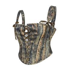 Green Denim Style Lace-Up Corset Top