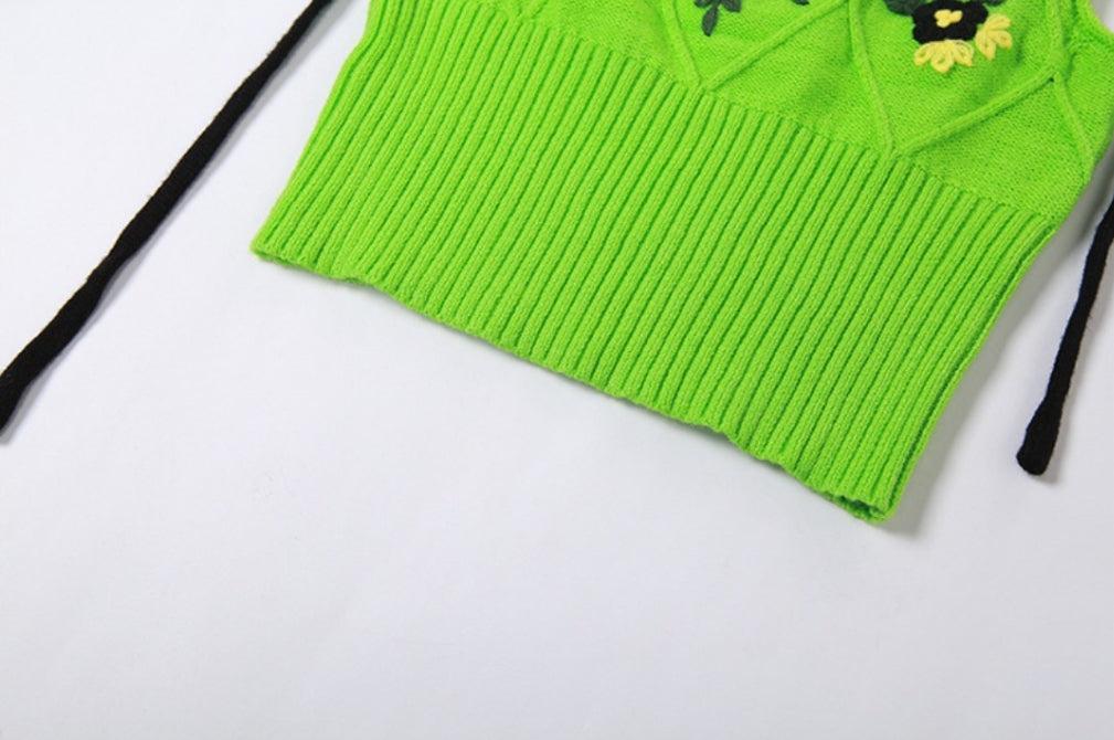 Green Diamond Flowers Knitted Crop Top