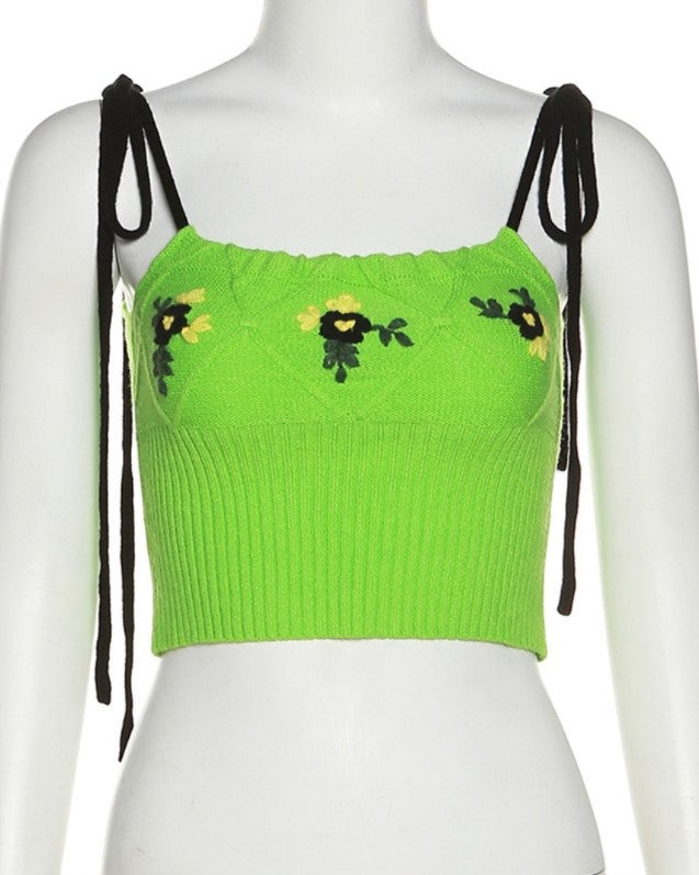 Green Diamond Flowers Knitted Crop Top