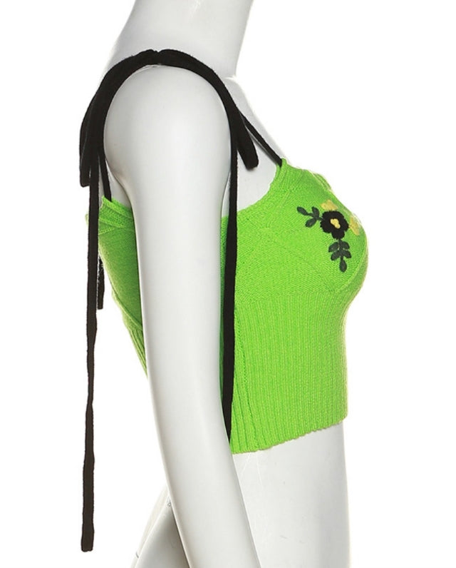 Green Diamond Flowers Knitted Crop Top
