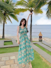 Green Floral High Waist Vacation Maxi Dress