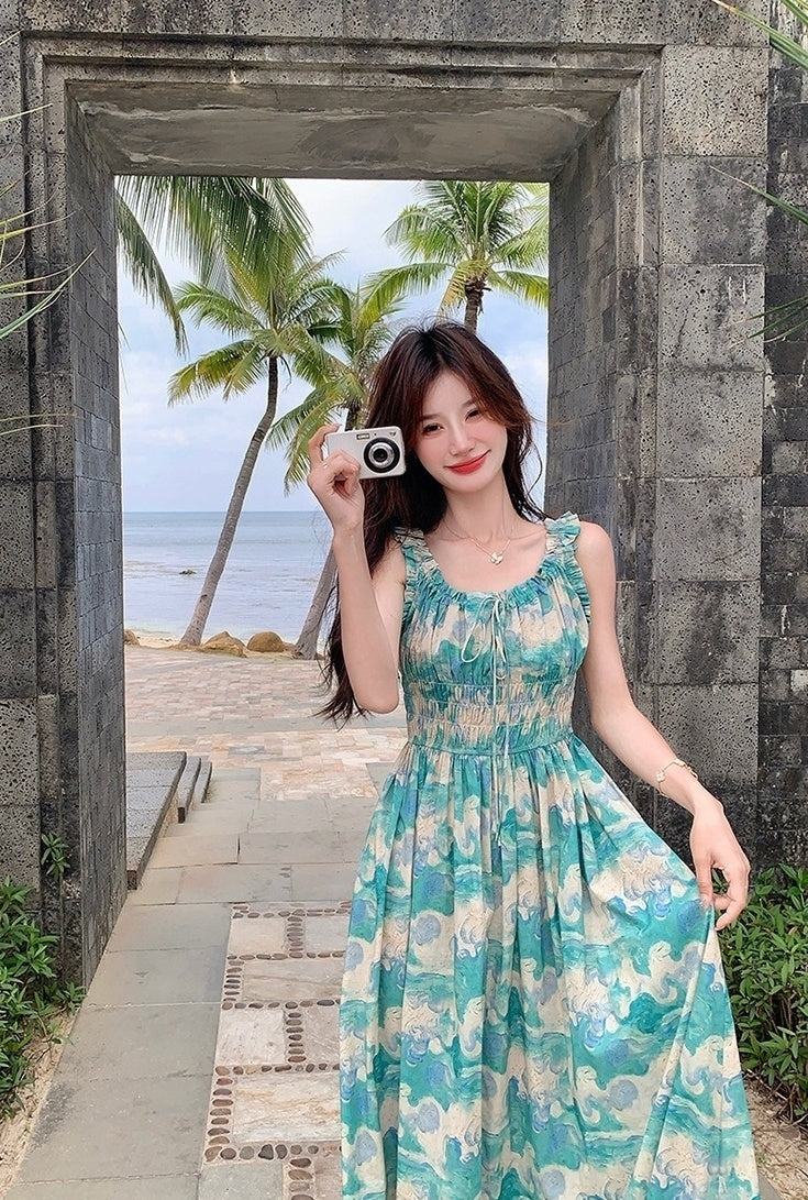 Green Floral High Waist Vacation Maxi Dress