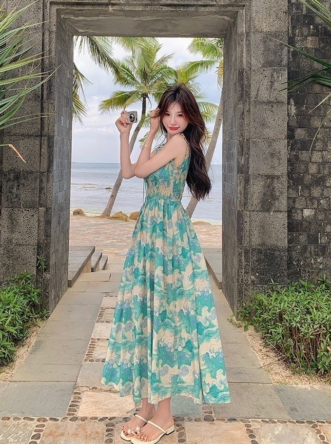 Green Floral High Waist Vacation Maxi Dress