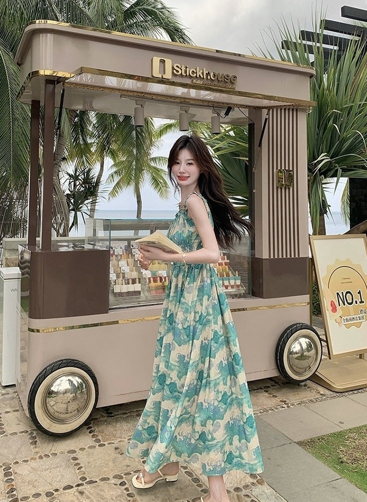 Green Floral High Waist Vacation Maxi Dress