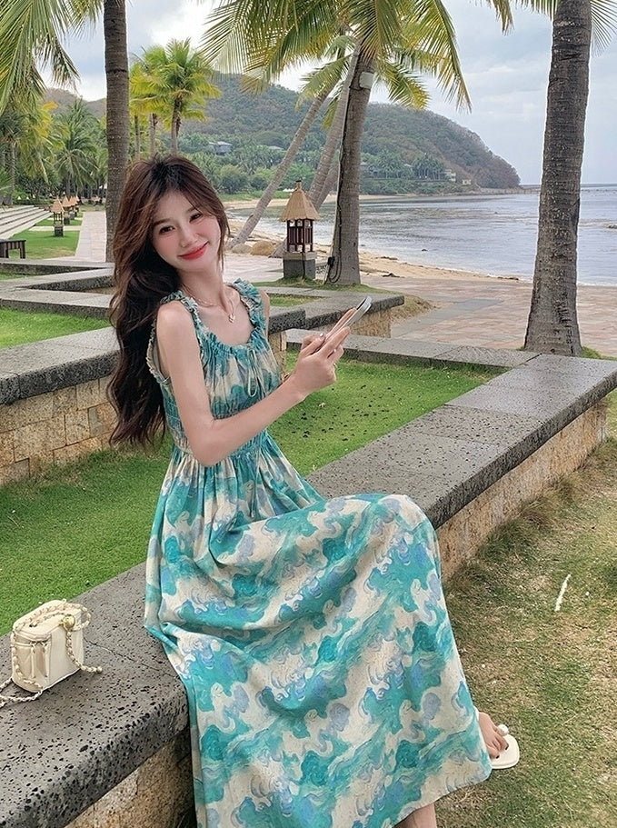 Green Floral High Waist Vacation Maxi Dress