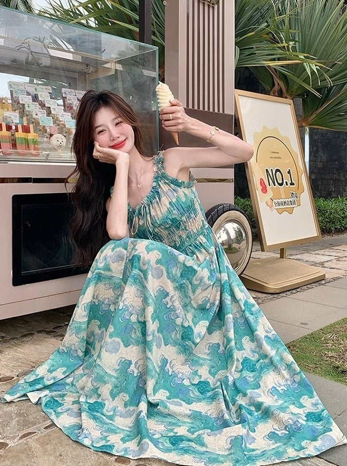 Green Floral High Waist Vacation Maxi Dress