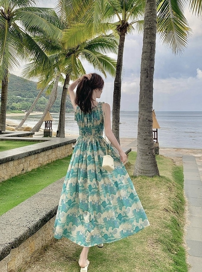 Green Floral High Waist Vacation Maxi Dress