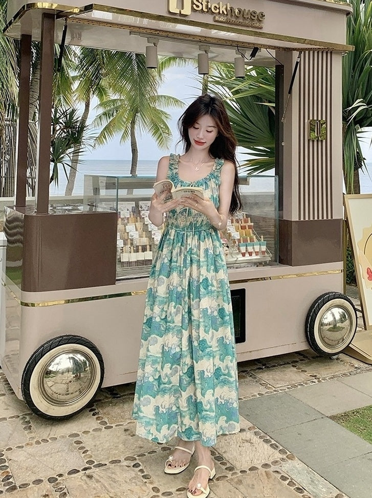 Green Floral High Waist Vacation Maxi Dress