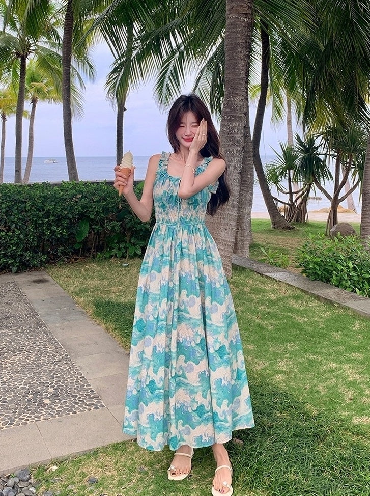 Green Floral High Waist Vacation Maxi Dress