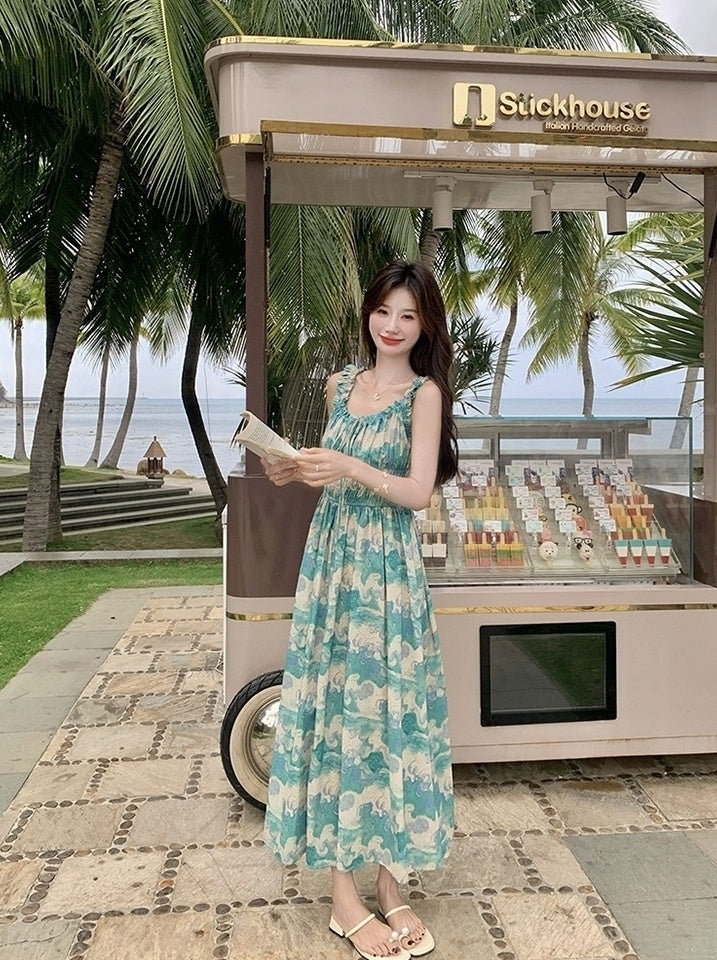 Green Floral High Waist Vacation Maxi Dress