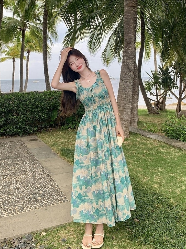 Green Floral High Waist Vacation Maxi Dress