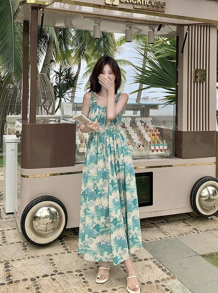 Green Floral High Waist Vacation Maxi Dress