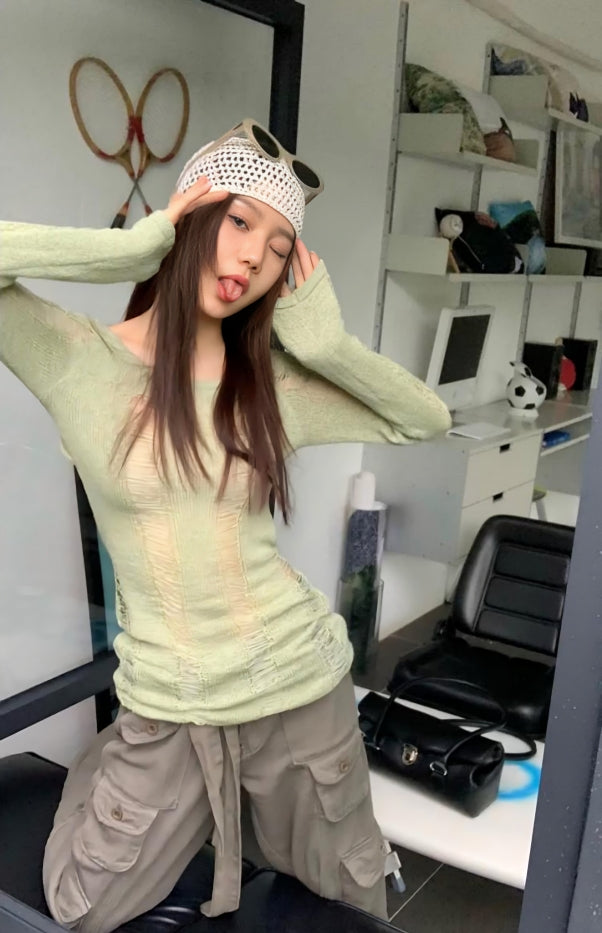 Green Hollow Knit Distressed Sweater