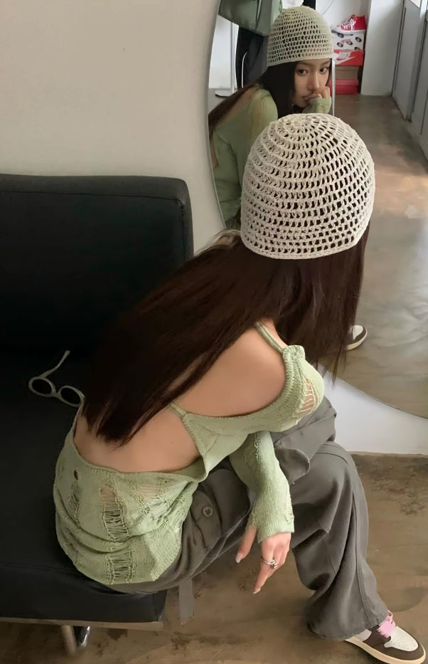Green Hollow Knit Distressed Sweater