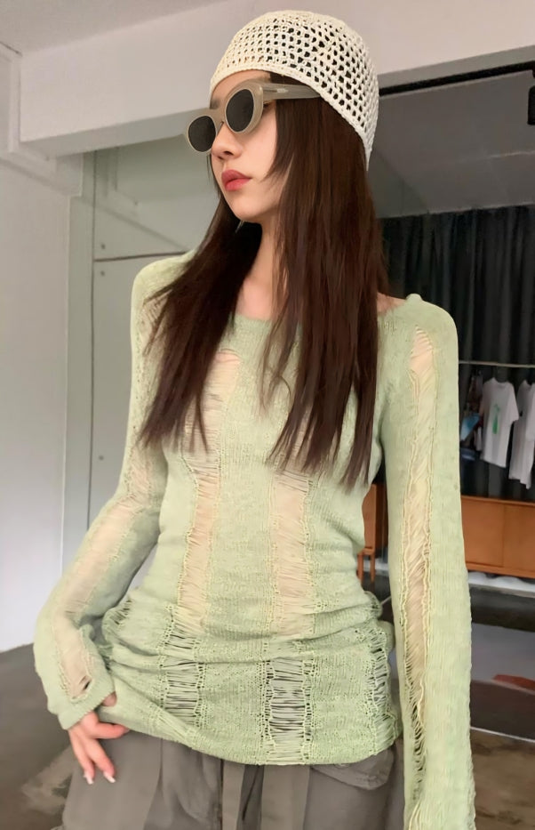 Green Hollow Knit Distressed Sweater