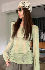 Green Hollow Knit Distressed Sweater