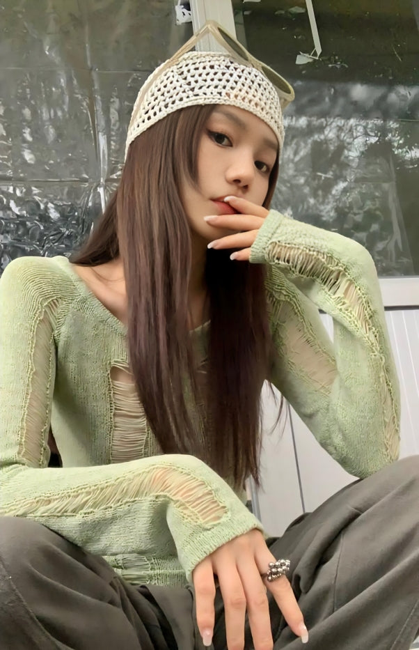 Green Hollow Knit Distressed Sweater