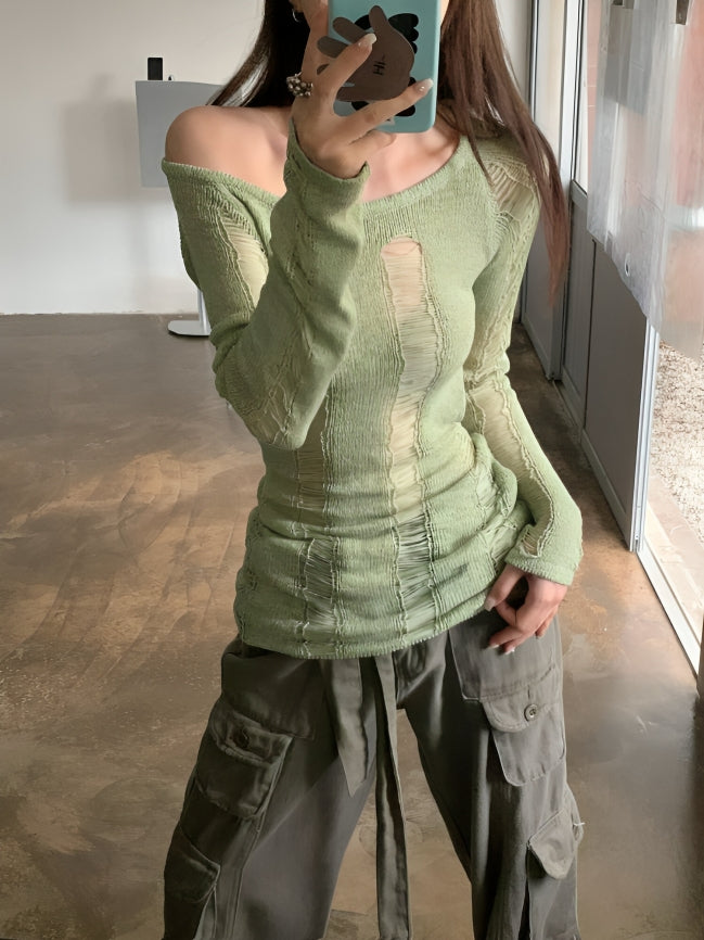 Green Hollow Knit Distressed Sweater
