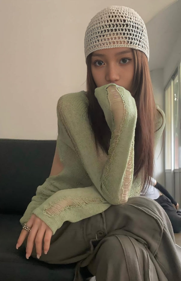 Green Hollow Knit Distressed Sweater