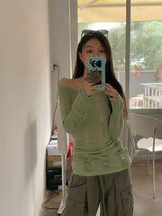 Green Hollow Knit Distressed Sweater