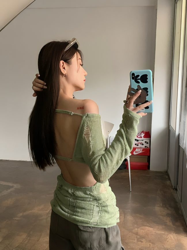 Green Hollow Knit Distressed Sweater