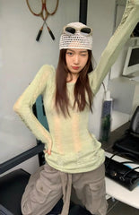 Green Hollow Knit Distressed Sweater