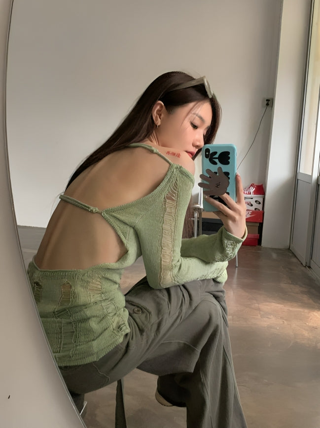 Green Hollow Knit Distressed Sweater