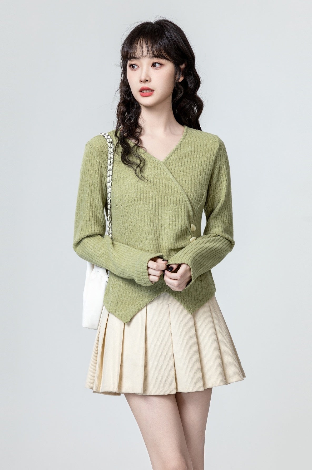 Green Irregular Vneck Long Sleeve Top