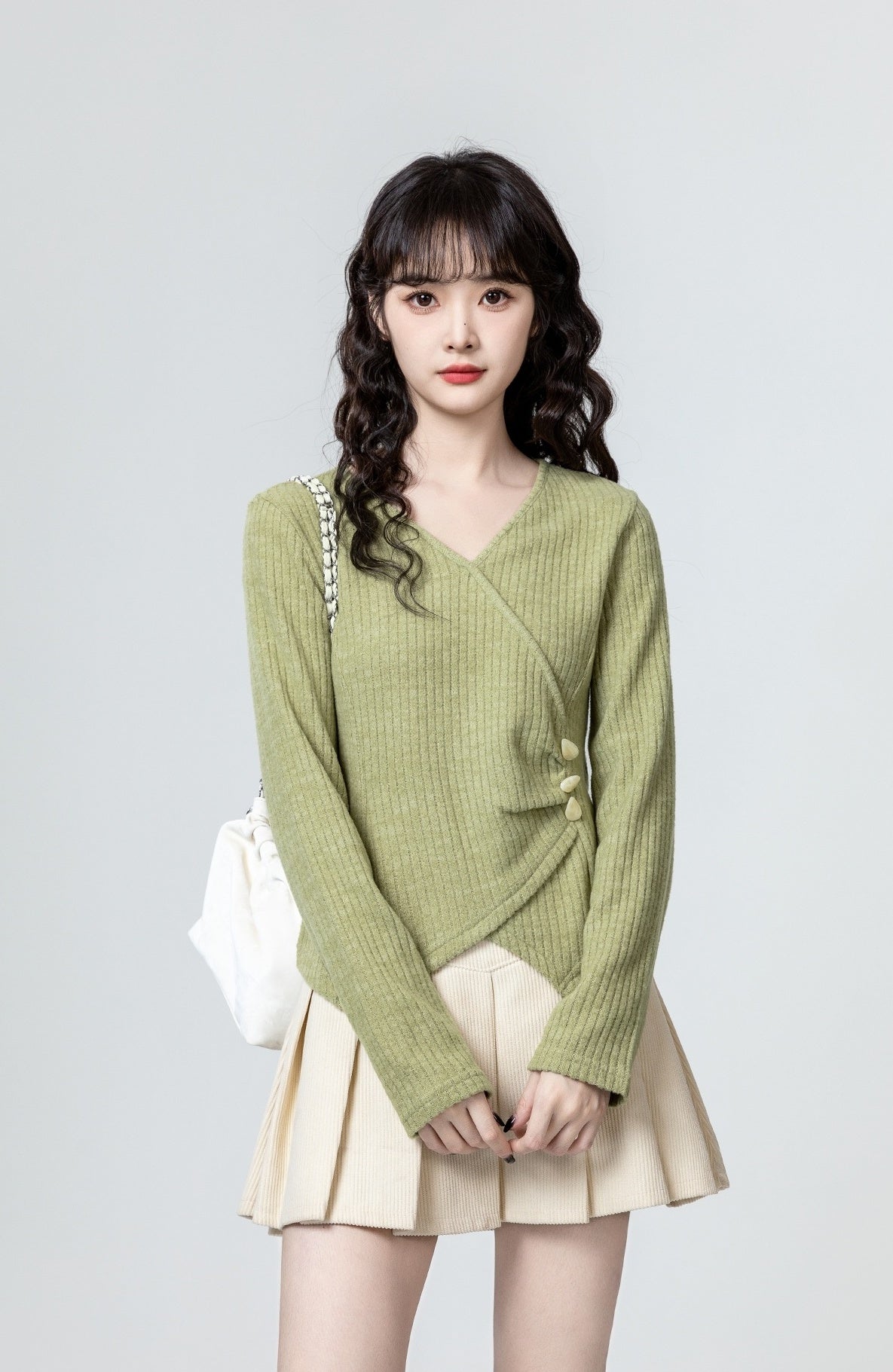 Green Irregular Vneck Long Sleeve Top