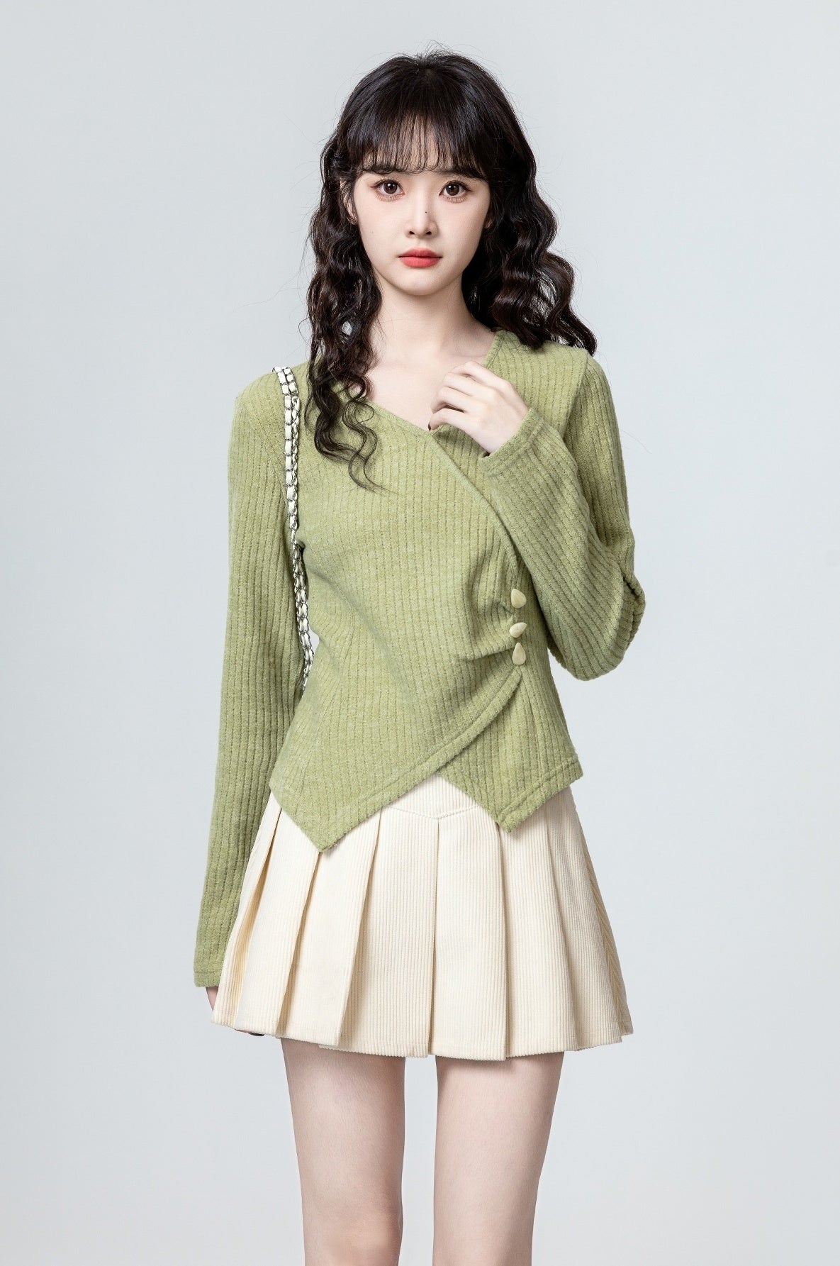 Green Irregular Vneck Long Sleeve Top
