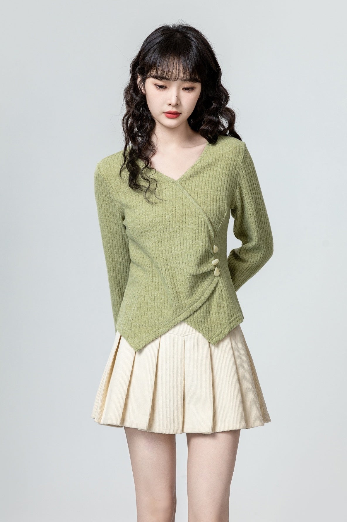 Green Irregular Vneck Long Sleeve Top