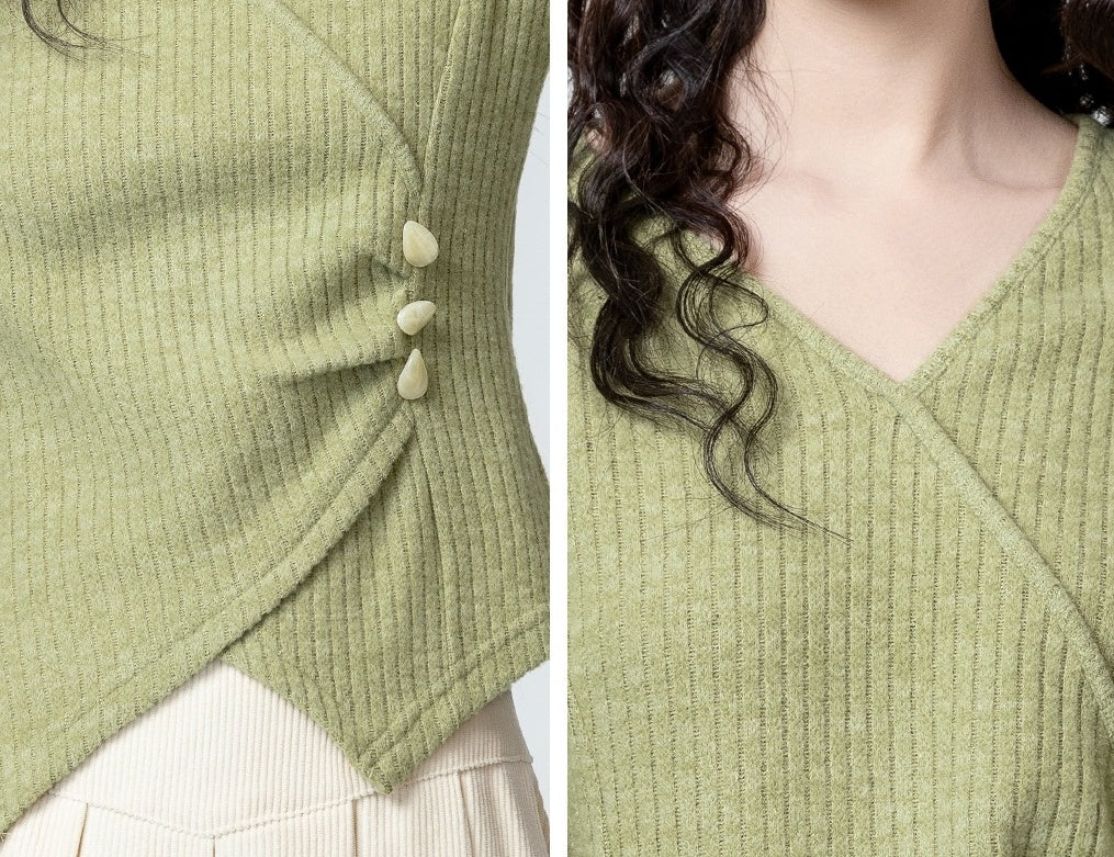 Green Irregular Vneck Long Sleeve Top