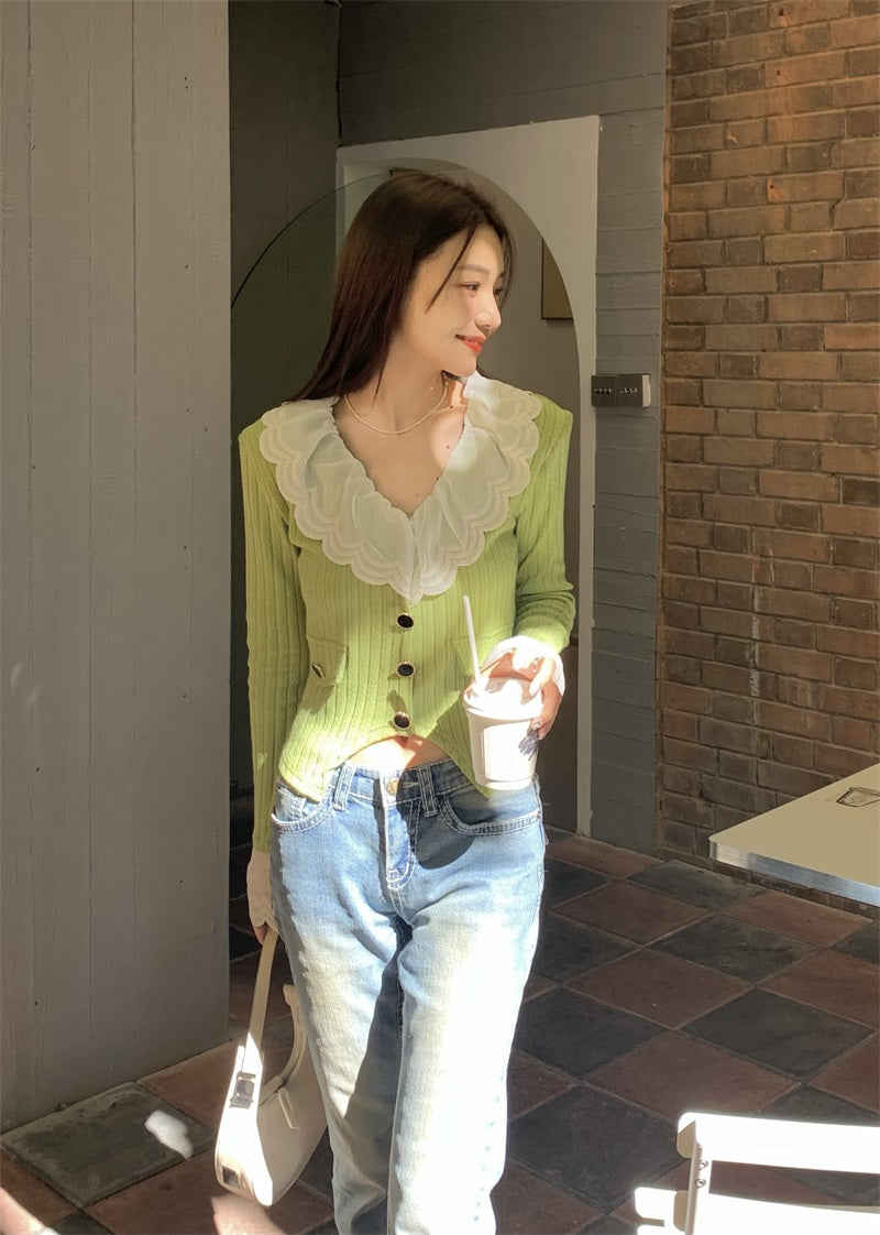Green Lace Collar Cardigan