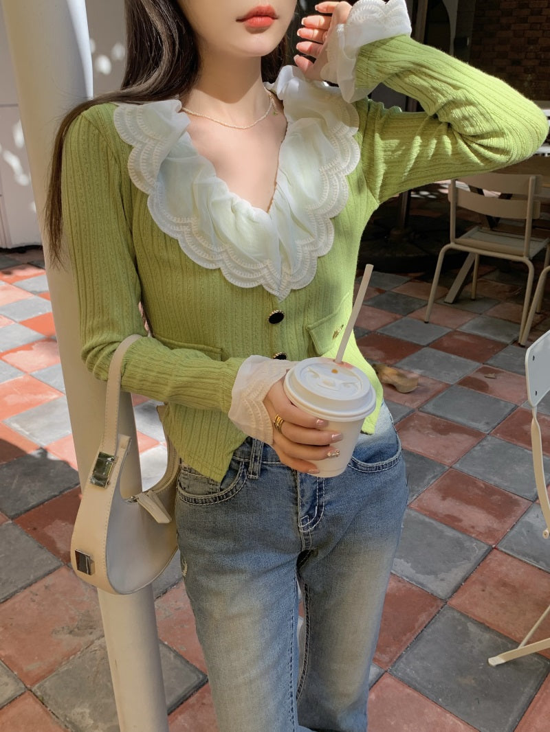 Green Lace Collar Cardigan