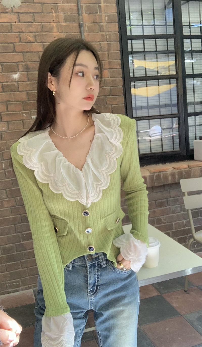 Green Lace Collar Cardigan