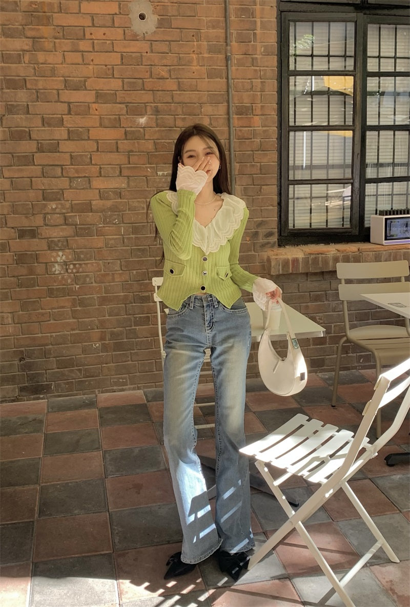Green Lace Collar Cardigan
