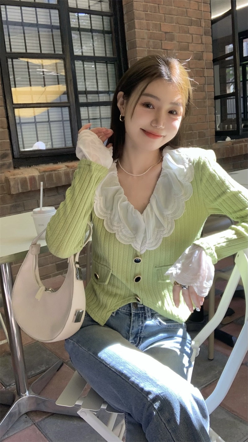 Green Lace Collar Cardigan