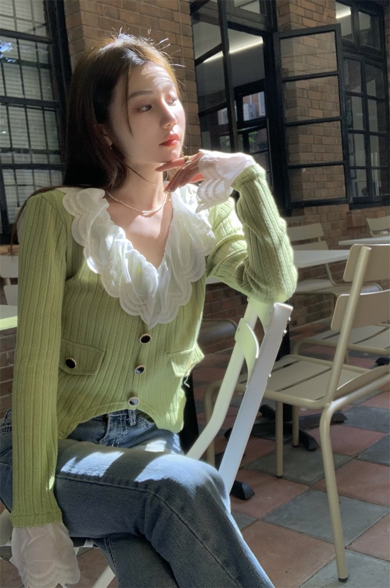 Green Lace Collar Cardigan